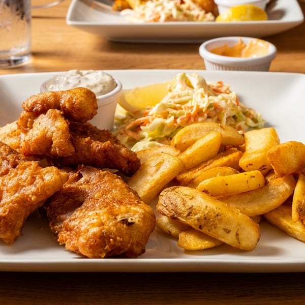 A plate of golden-brown fish and chips with coleslaw, tartar sauce, and malt vinegar.
