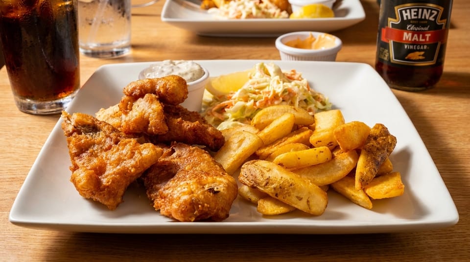 A plate of golden-brown fish and chips with coleslaw, tartar sauce, and malt vinegar.
