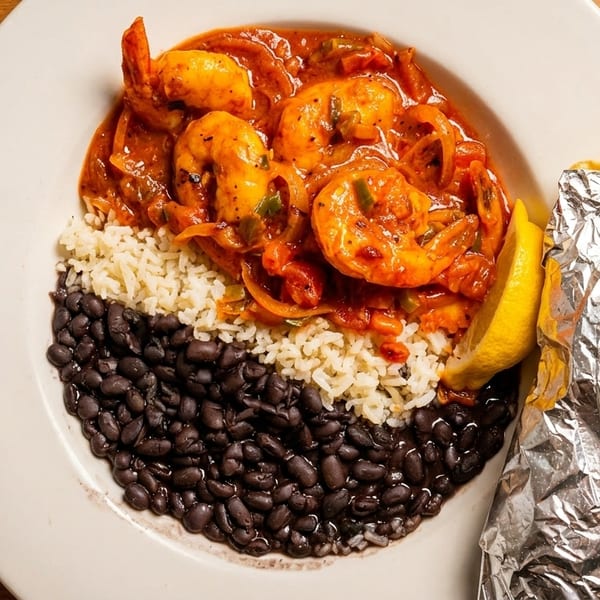 Shrimp creole with rice, black beans, lemon, and a foil-wrapped item on a white plate.