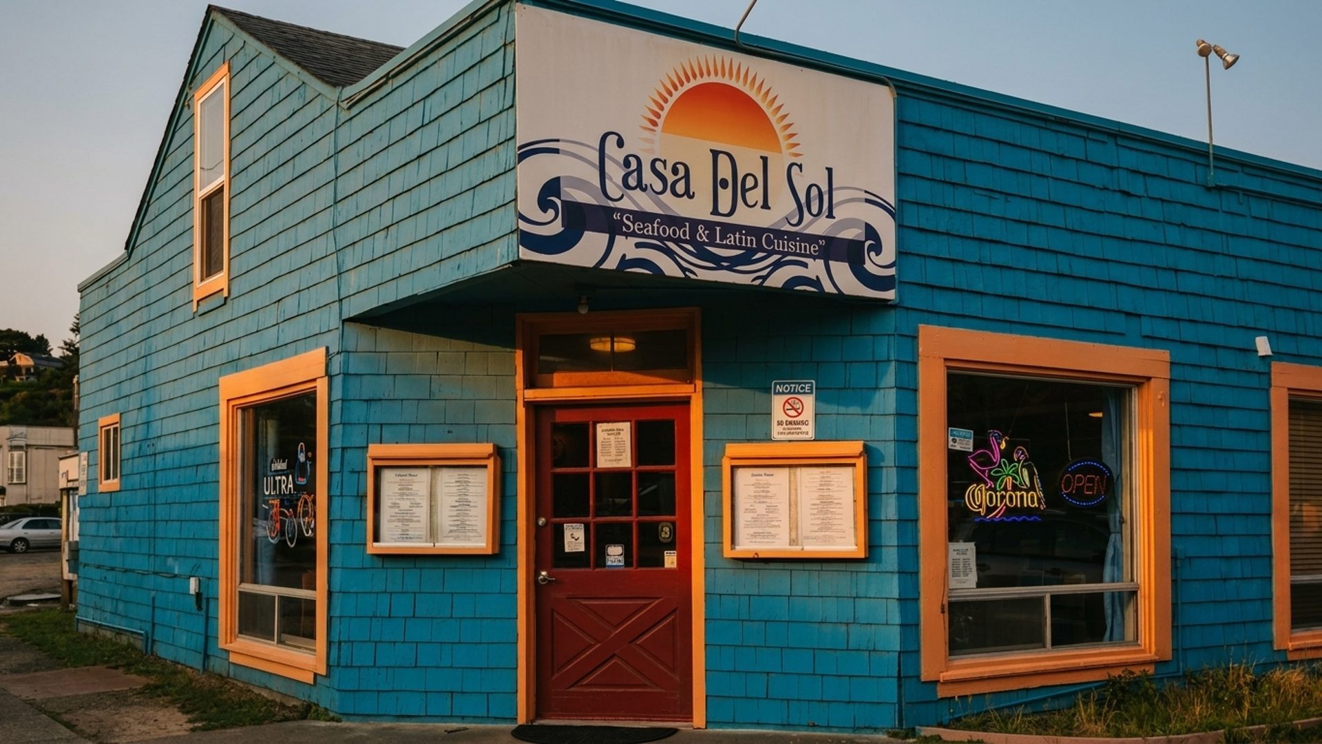 The turquoise building on the harbor