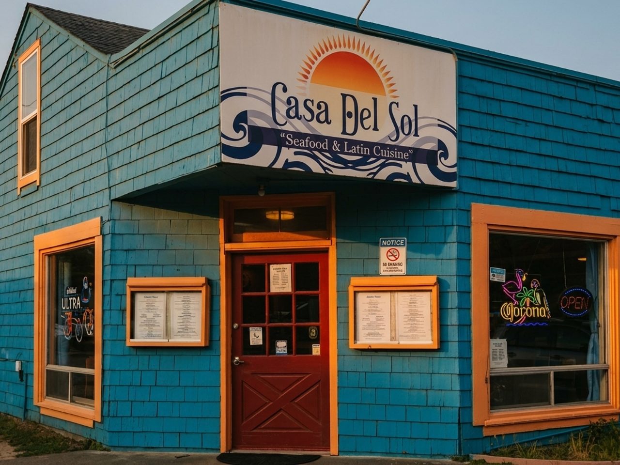 The turquoise building on the harbor