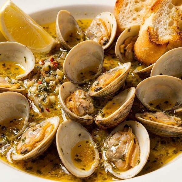 Steamed clams in a white wine sauce with herbs, served with toasted bread and a lemon wedge.