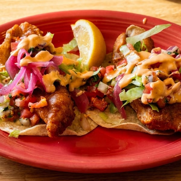 Two fish tacos with lettuce, pico de gallo, pickled onions, and sauce, served with a lemon wedge.